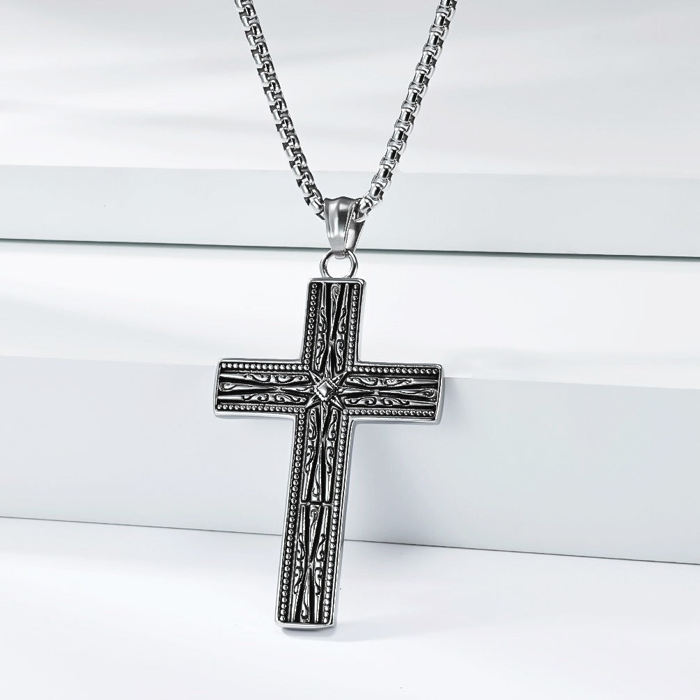 Kemstone Gothic Engraved Stainless Steel Cross Pendant Necklace for Men K-PT705
