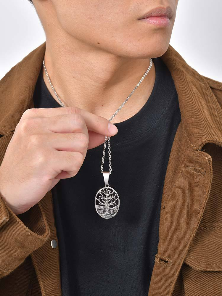 Kemstone Tree Pendant Necklace for Men Stainless Steel Openwork Oval Chain PN-2314