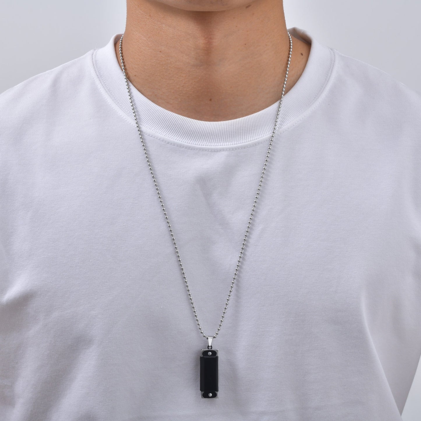 Kemston Black Rectangular Pendant Necklace for Men Alloy Silver Frame Stainless Steel Chain NC-3024