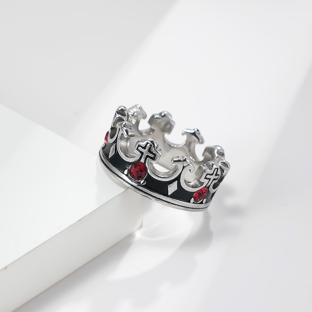 Kemston Men’s Titanium Steel Crown Ring – Cross & Zircon Inlay Band K-R595