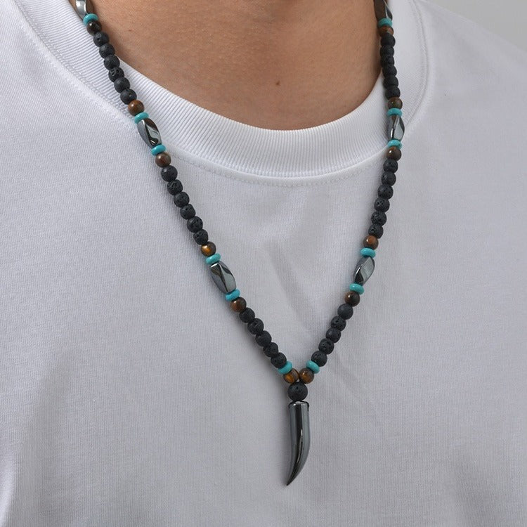 Kemston Wolf Fang Pendant Necklace for Men Stainless Steel Lava Stone Beaded NC-3019