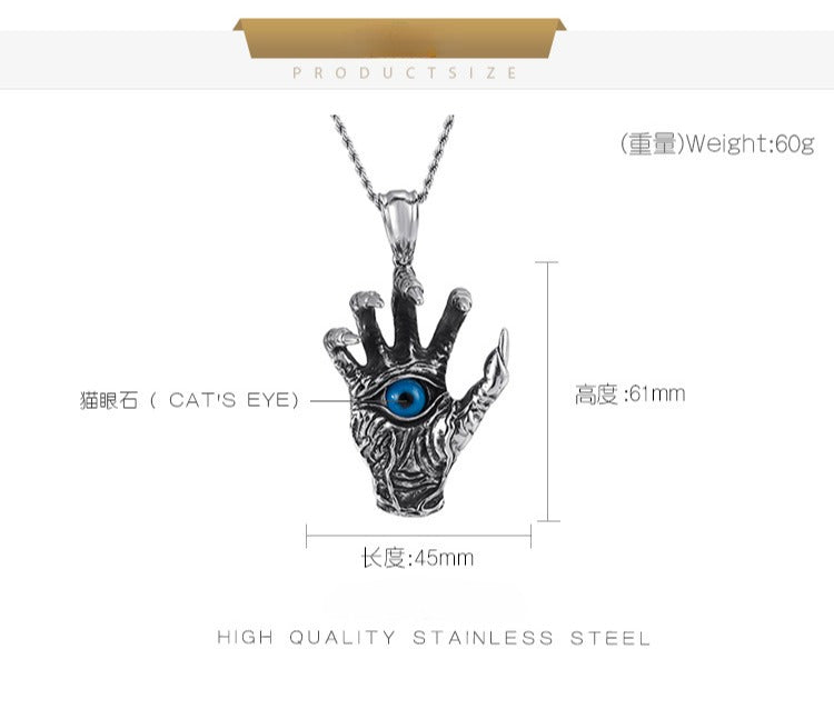 Collana con ciondolo in acciaio al titanio Kemstone Vintage con mano malvagia e occhio blu - Design audace con artiglio di drago per tutti i giorni KP80274