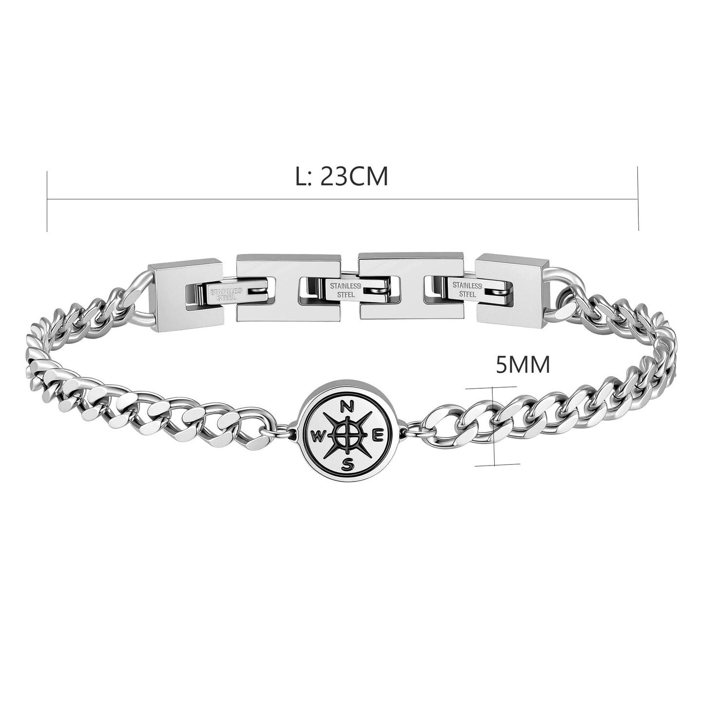 Kemstone Stainless Steel Compass Cuban Link Bracelet for Men Double H Clasp Silver BR-2210