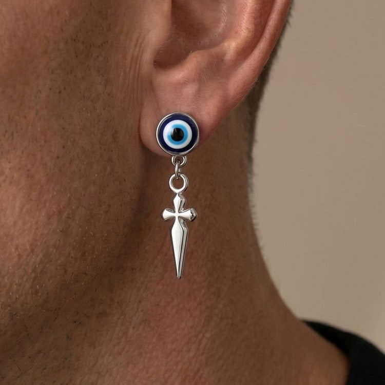 Kemston Blue Eye Cross Drop Earring for Men Stainless Steel Gothic ED-1099