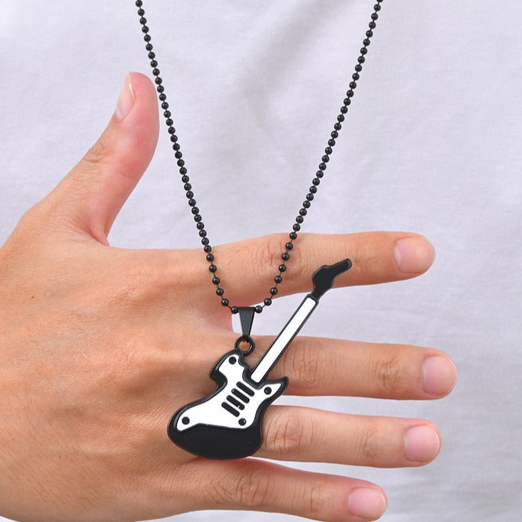 Kemston Black & White Guitar Necklace for Men Alloy Pendant Stainless Steel Chain NC-3027