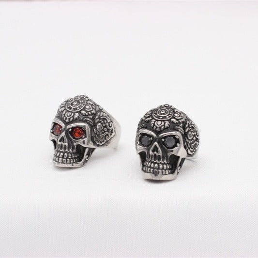 Kemstone Titanium Steel Skull Ring with Cubic Zirconia Eyes – Gothic Carved Design R1780