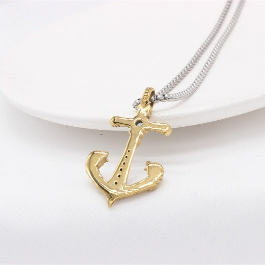 Kemstone Titanium Steel Anchor Pendant Necklace for Men with Cubic Zirconia – Gold & Silver P1411