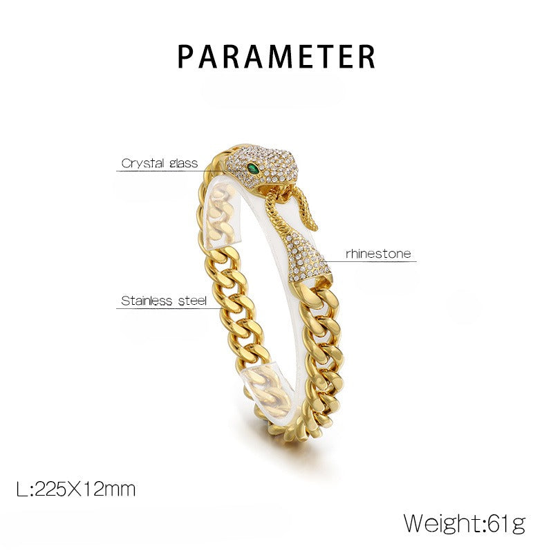 Kemstone Titanium Steel Cuban Chain Bracelet – Double-Sided Polished Hip Hop Snake Head, Green or Red Eyes KB185251