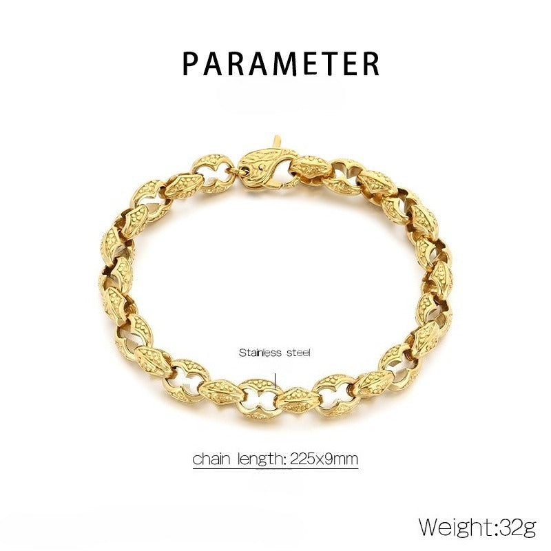 Kemstone Coffee Bean Chain Bracelet for Men Titanium Steel Textured Link Gold Silver KB184382-KJX