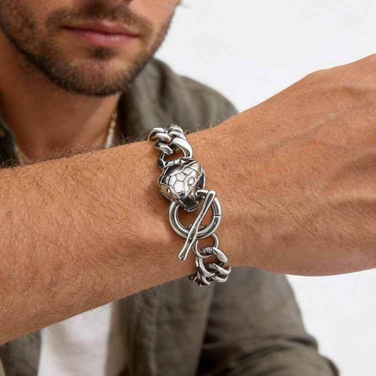 Kemstone Stainless Steel Snake Head Cuban Link Bracelet for Men OT Clasp Silver BR-2810