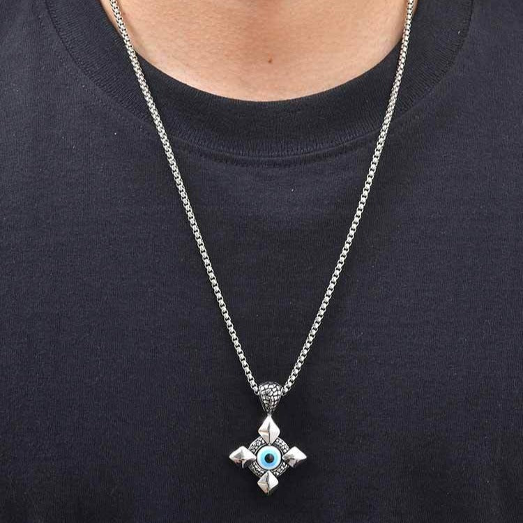 Kemstone Stainless Steel Gothic Cross Pendant Necklace for Men Blue Eye Detail PN-2412