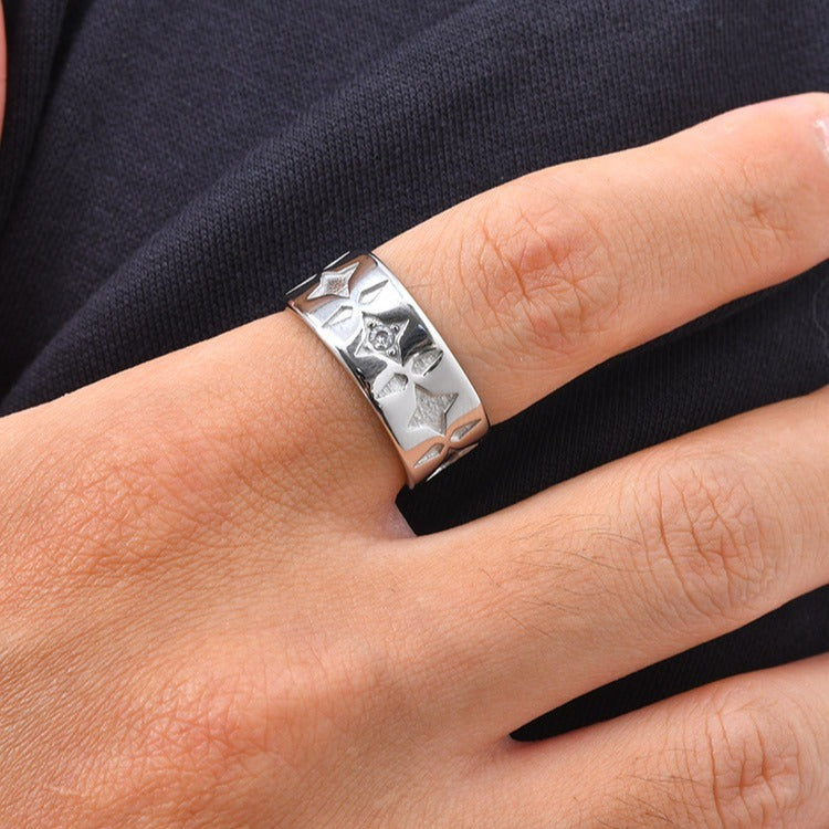 Kemstone Four Point Star Ring for Men Stainless Steel White Cubic Zirconia Wide Band RC-1117