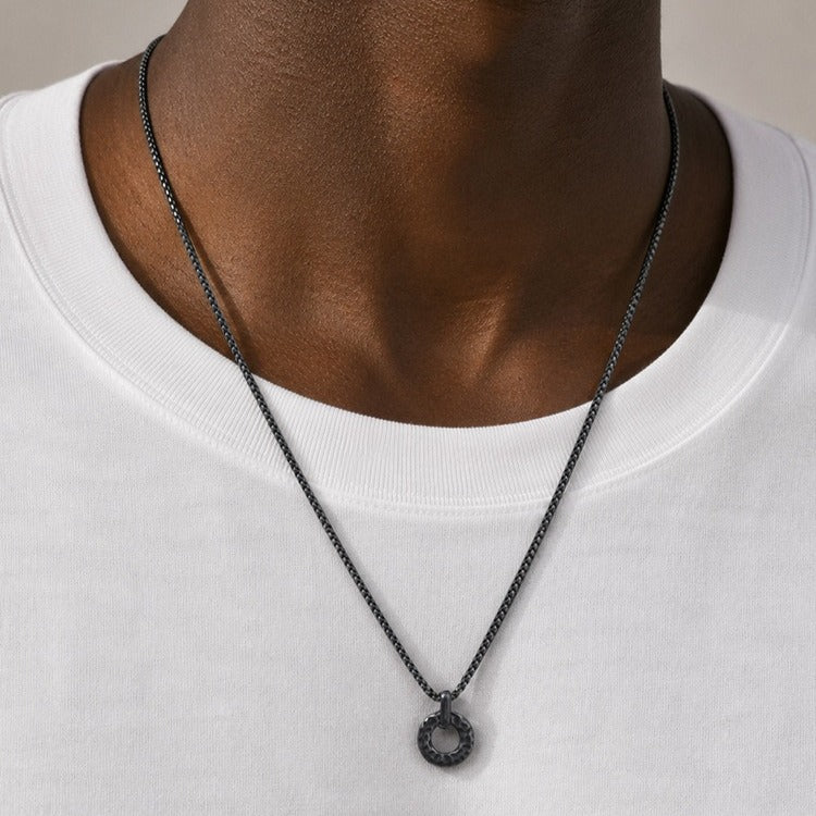 Kemstone Hammered Circle Pendant Necklace for Men Stainless Steel Vintage Gray NC-3011