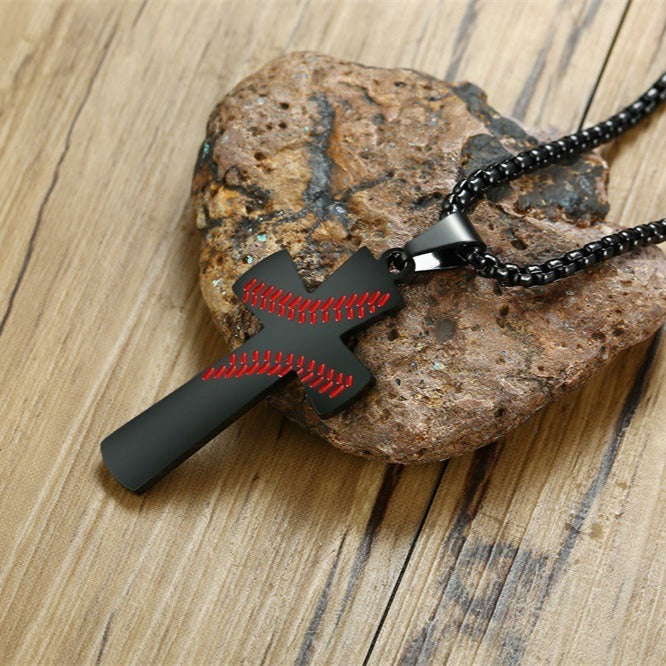 Kemstone Stainless Steel Baseball Cross Pendant Necklace for Men Stitch Detail PN-1083