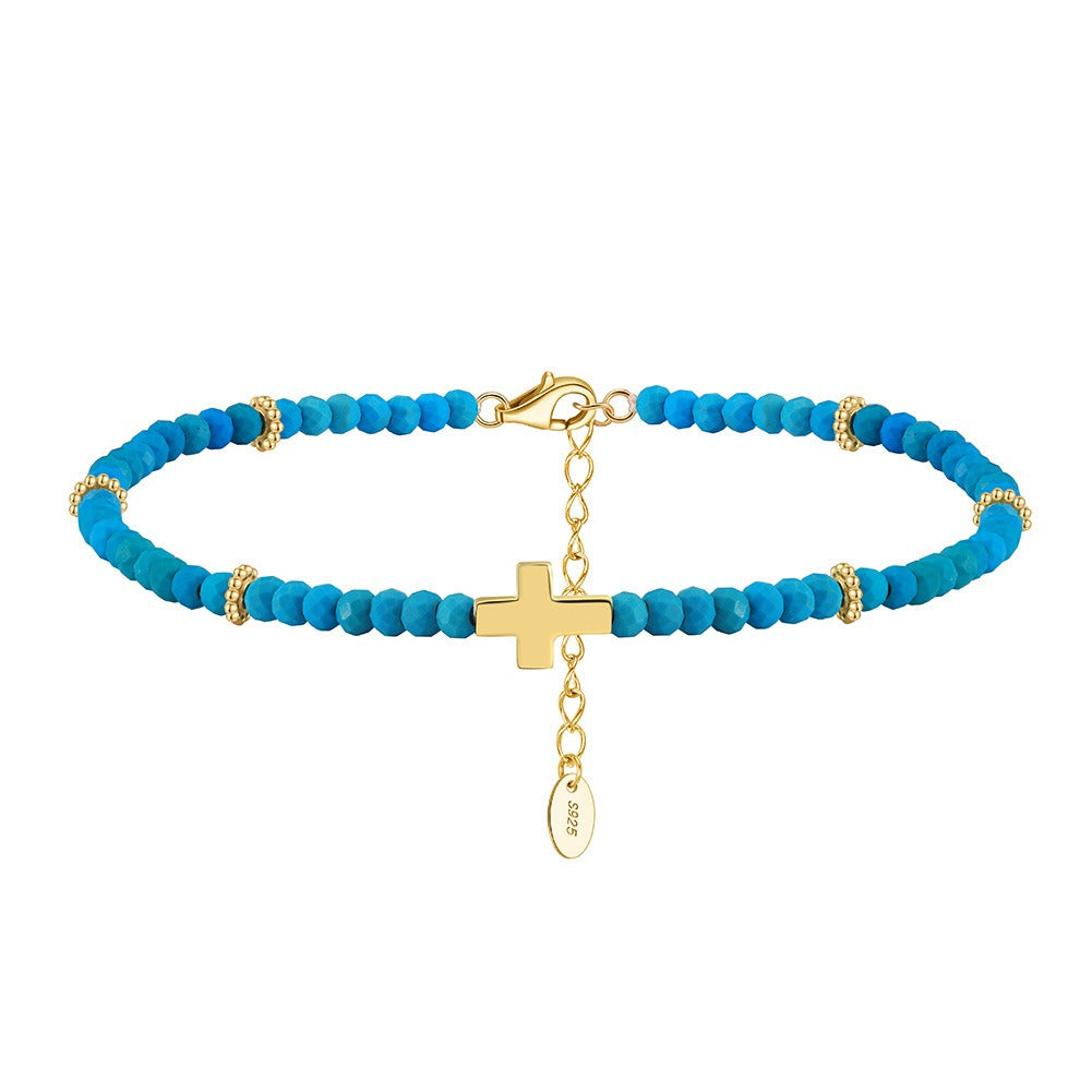 Kemstone 925 Sterling Silver Turquoise Anklet for Women Cross Charm Beaded Chain SA86