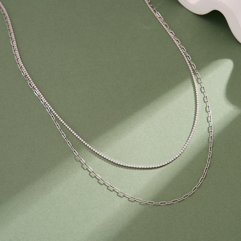 Kemstone 925 Sterling Silver Paperclip Chain Necklace for Women Layered Cubic Zirconia Chain BQN48