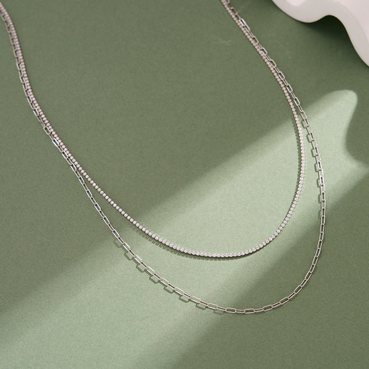 Kemstone 925 Sterling Silver Paperclip Chain Necklace for Women Layered Cubic Zirconia Chain BQN48