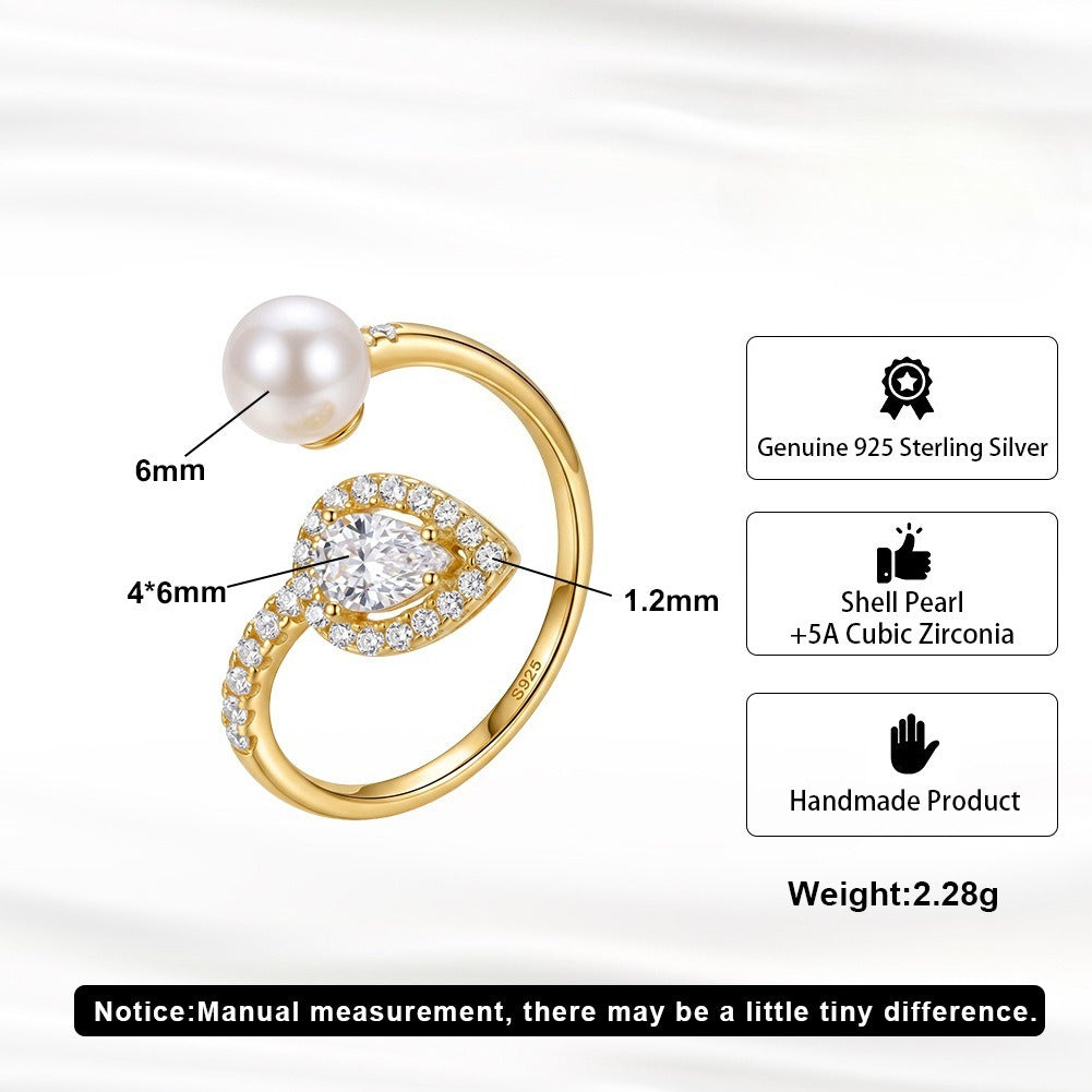 Kemstone Pearl Open Ring for Women 925 Sterling Silver Pear Cut Cubic Zirconia A4-PSR02