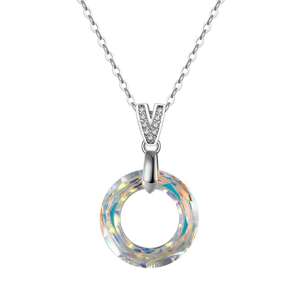 Kemstone 925 Sterling Silver Crystal Circle Pendant Necklace for Women Minimal Clavicle Chain SWN24