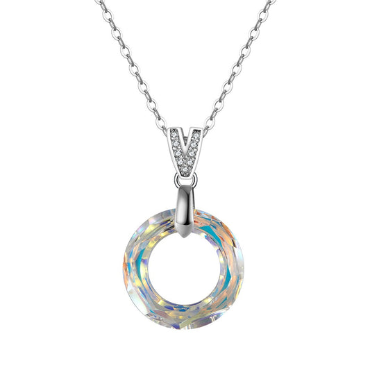 Kemstone 925 Sterling Silver Crystal Circle Pendant Necklace for Women Minimal Clavicle Chain SWN24