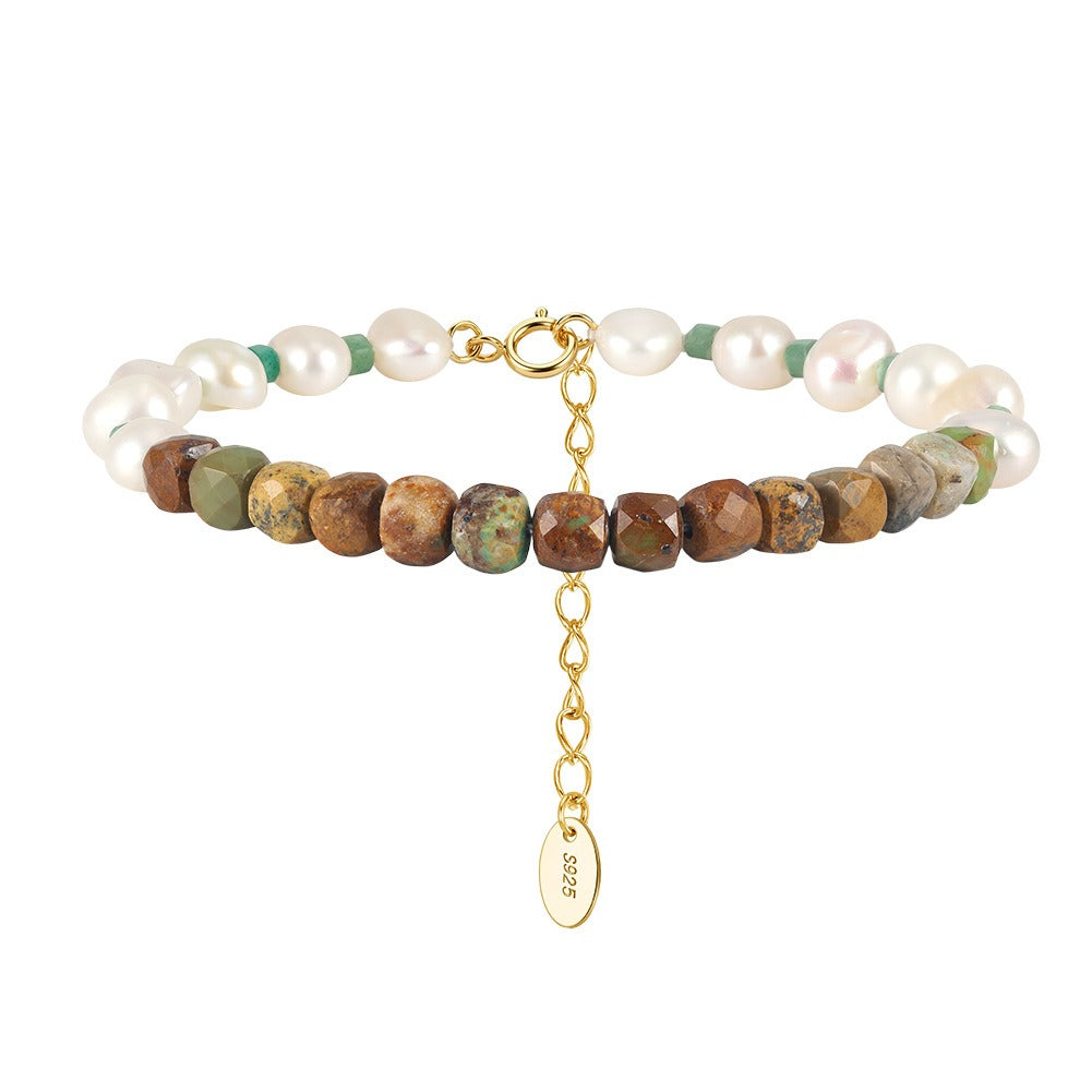Kemston 925 Sterling Silver Freshwater Pearl Bracelet for Women Natural Turquoise Bead MPB27