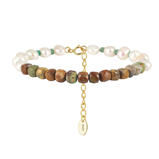 Kemstone 925 Sterling Silver Freshwater Pearl Bracelet for Women Natural Turquoise Bead MPB27