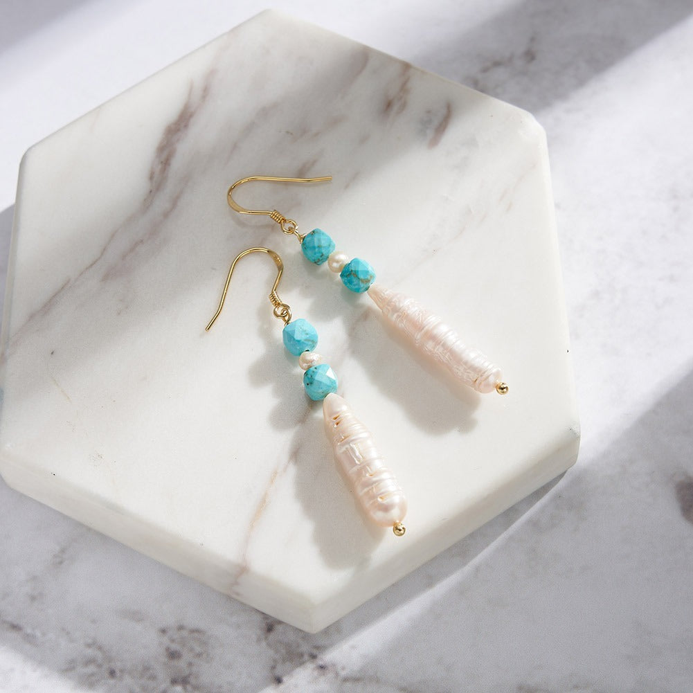 Kemstone Boho Pearl Drop Earrings for Women 925 Sterling Silver Turquoise Bead Detail MPE06