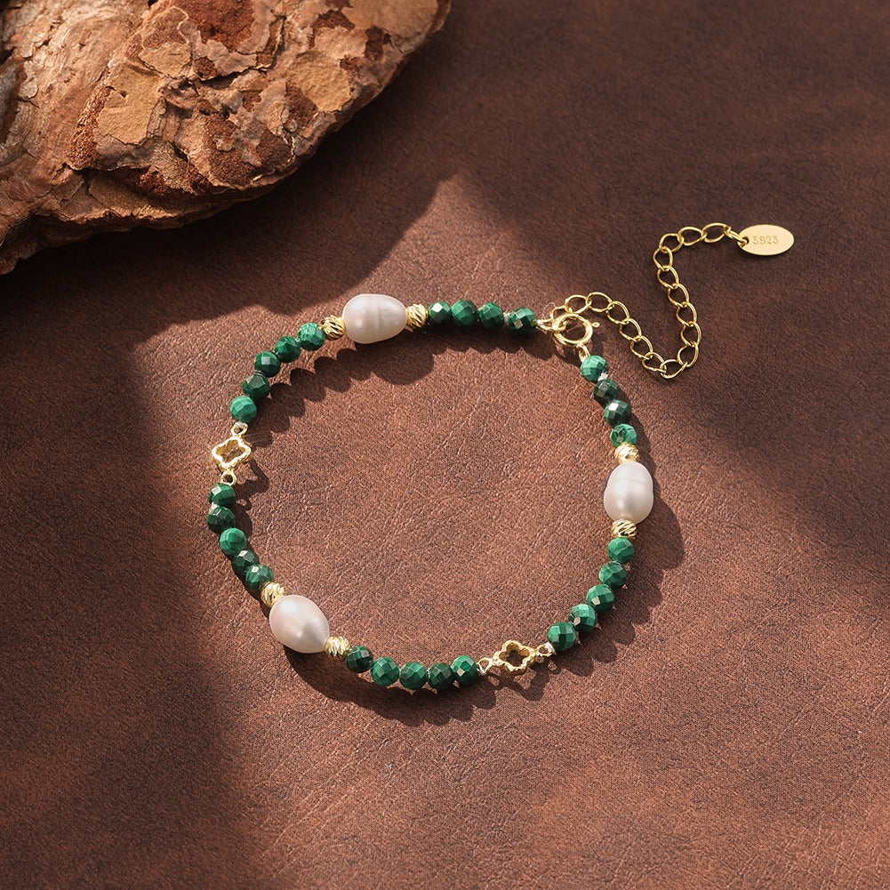Kemston Malachite Freshwater Pearl Bracelet for Women 925 Sterling Silver Gold Plated MPB18