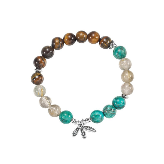 Kemstone 925 Sterling Silver Natural Stone Beaded Bracelet for Women Tiger Eye Turquoise Feather Charm GMB91