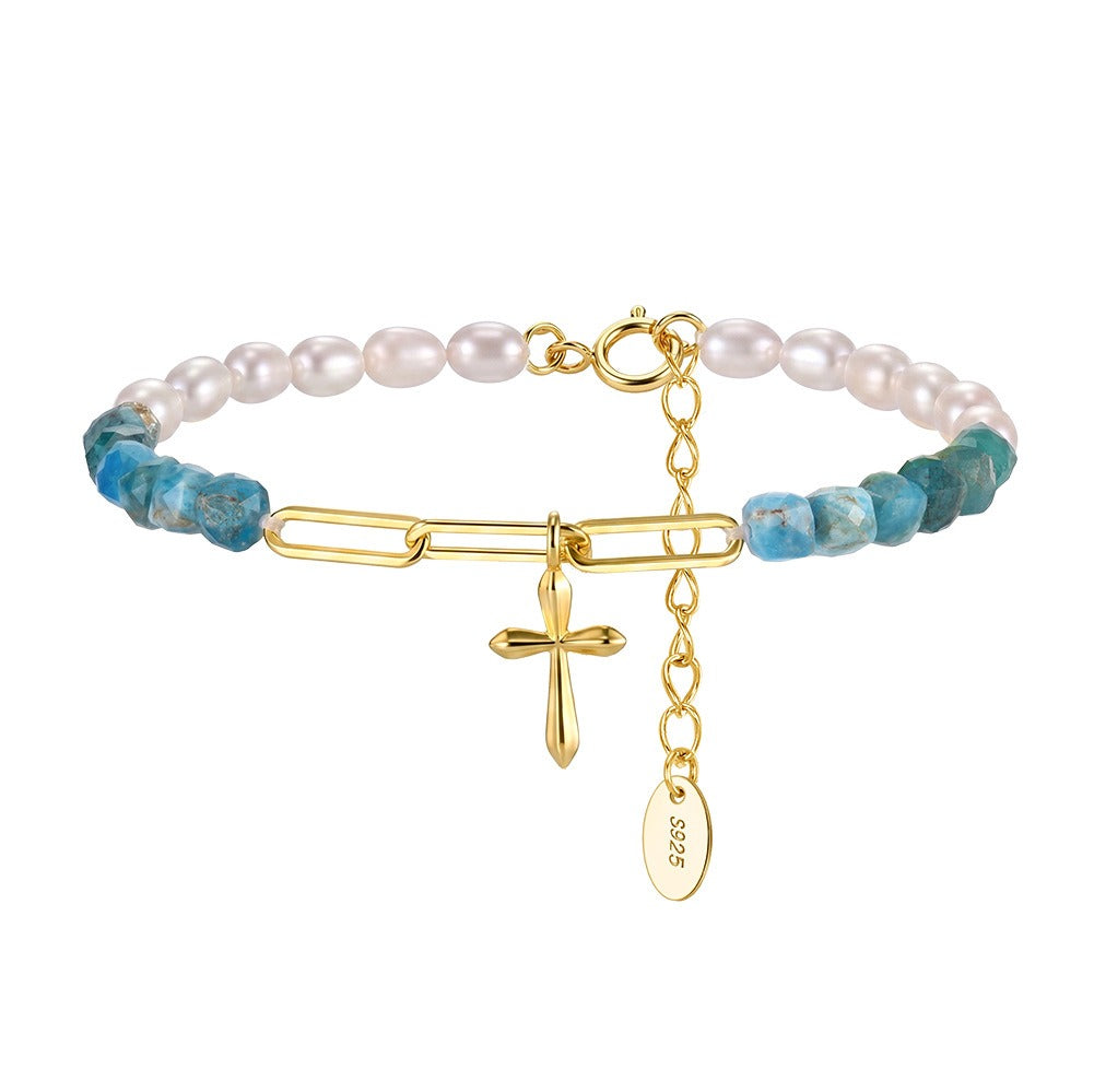 Kemstone 925 Sterling Silver Natural Stone Pearl Beaded Bracelet for Women Cross Charm MPB22