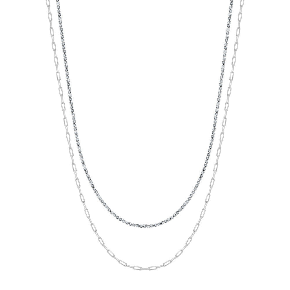 Kemstone 925 Sterling Silver Paperclip Chain Necklace for Women Layered Cubic Zirconia Chain BQN48