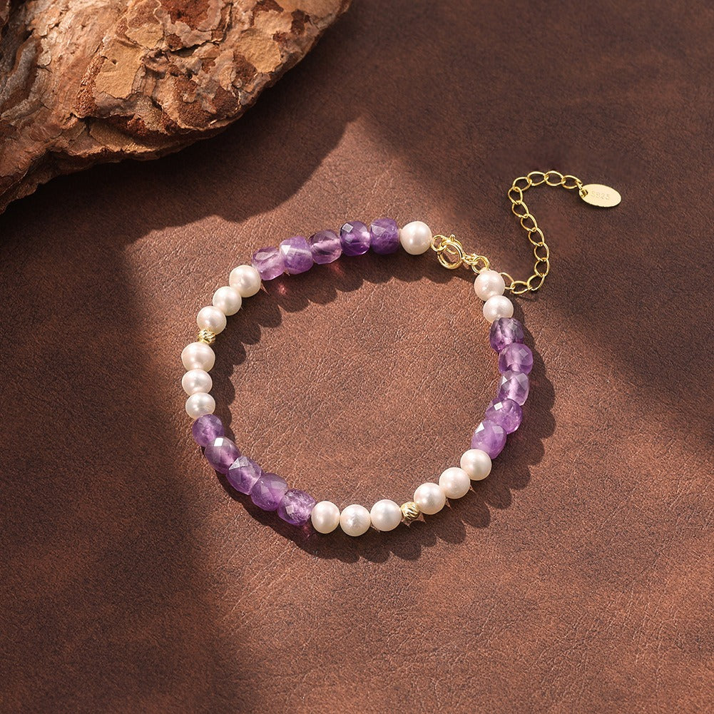 Kemston Amethyst & Freshwater Pearl Beaded Bracelet for Women 925 Sterling Silver MPB17