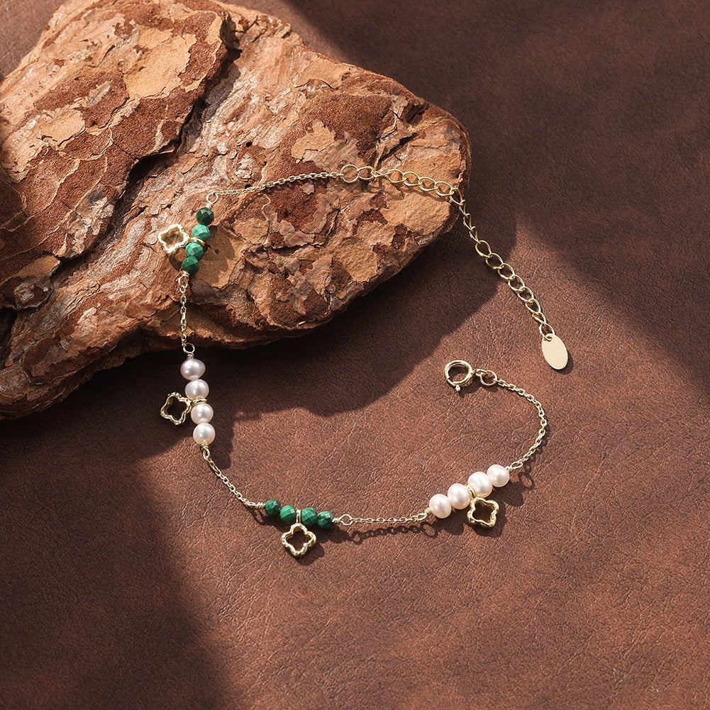 Kemston Freshwater Pearl Malachite Bracelet for Women 925 Sterling Silver Gold Plated MPB24
