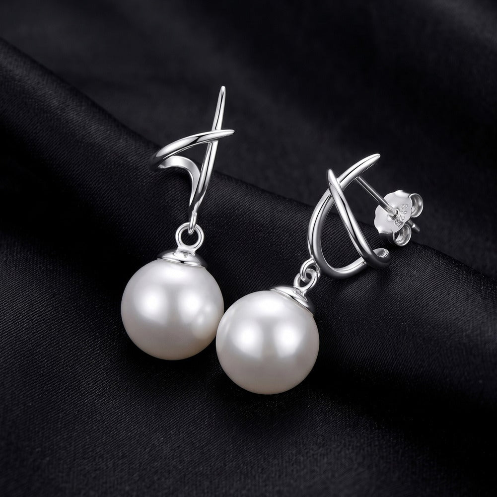 Kemstone Pearl Drop Earrings for Women 925 Sterling Silver Curved Line Design PSE14