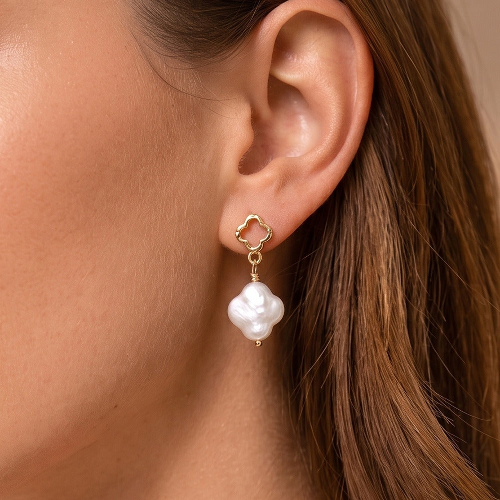 Kemston Irregular Baroque Pearl Drop Earrings for Women 925 Sterling Silver Openwork Floral Gold Tone GPE143