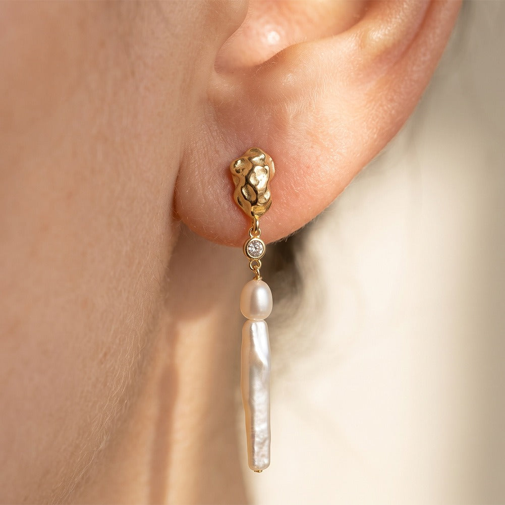 Kemstone Long Freshwater Pearl Drop Earrings for Women 925 Sterling Silver Textured Stud GPE153