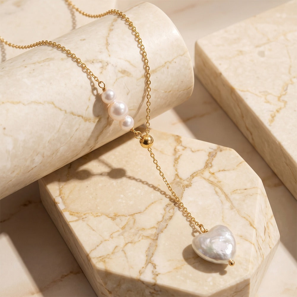 Kemston Baroque Heart Freshwater Pearl Y Necklace for Women 925 Sterling Silver Gold Tone GPN116