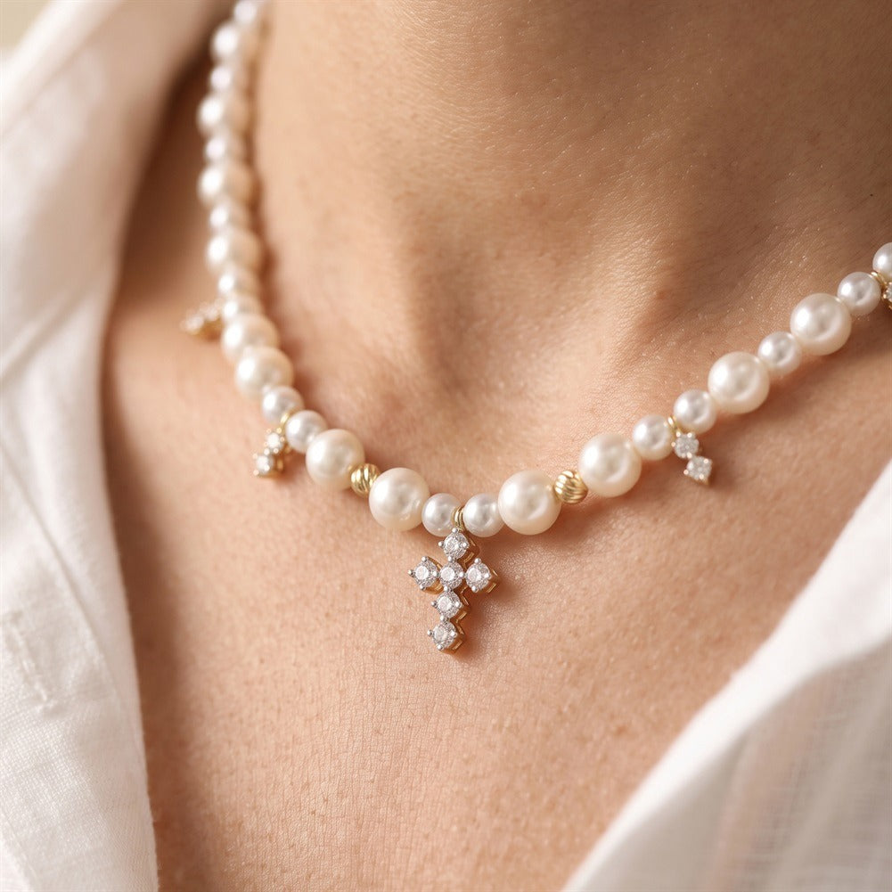 Kemstone Shell Pearl Cross Charm Necklace for Women 925 Sterling Silver PSN16