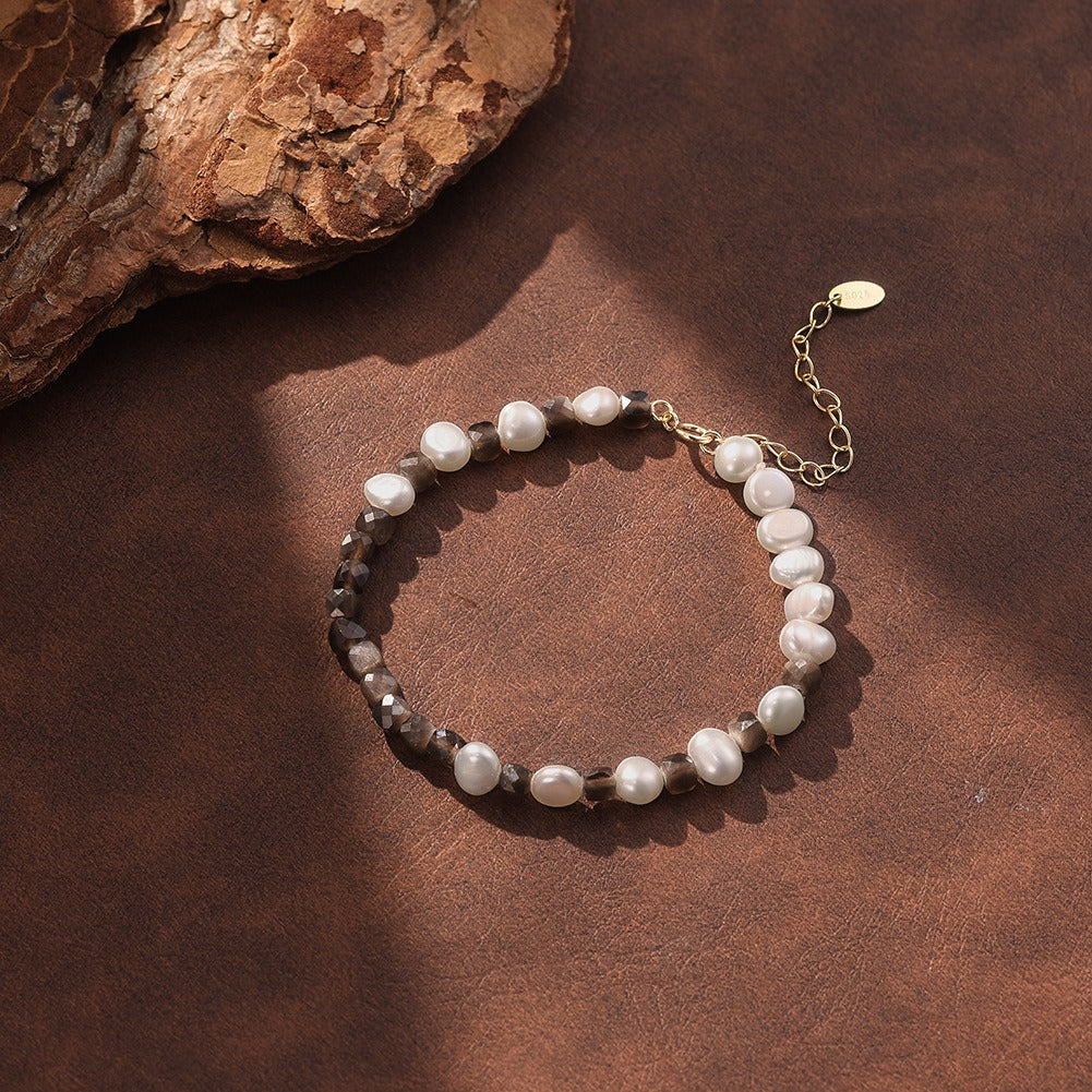 Kemston Silver Sheen Obsidian & Freshwater Pearl Beaded Bracelet for Women 925 Sterling Silver MPB26