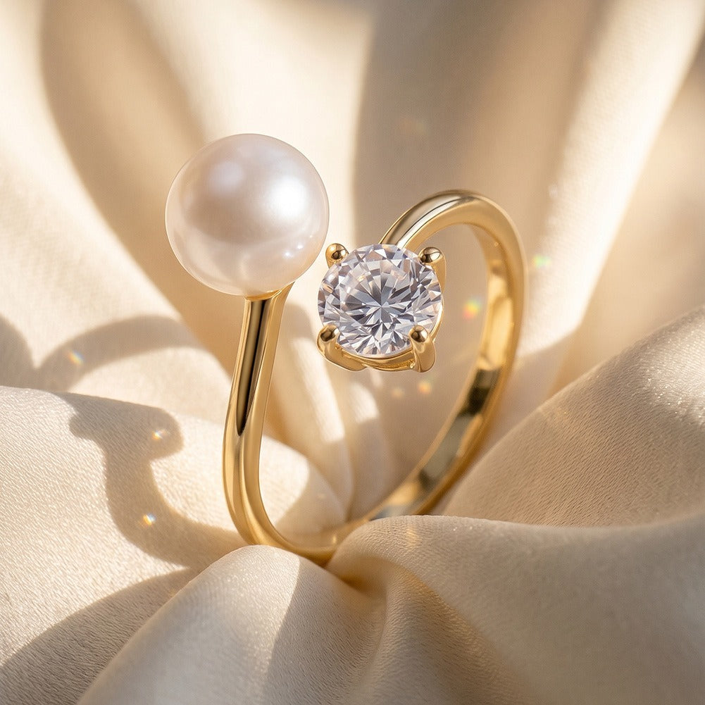 Kemstone Pearl Open Ring for Women 925 Sterling Silver Cubic Zirconia PSR01
