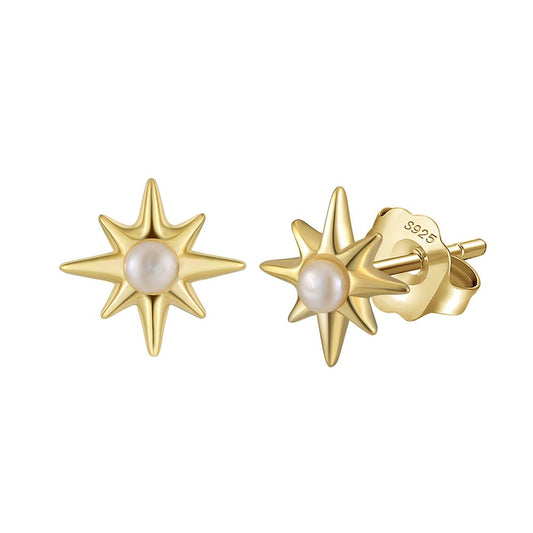 Kemstone 925 Sterling Silver Pearl Star Stud Earrings for Women Eight Point Gold GPE113