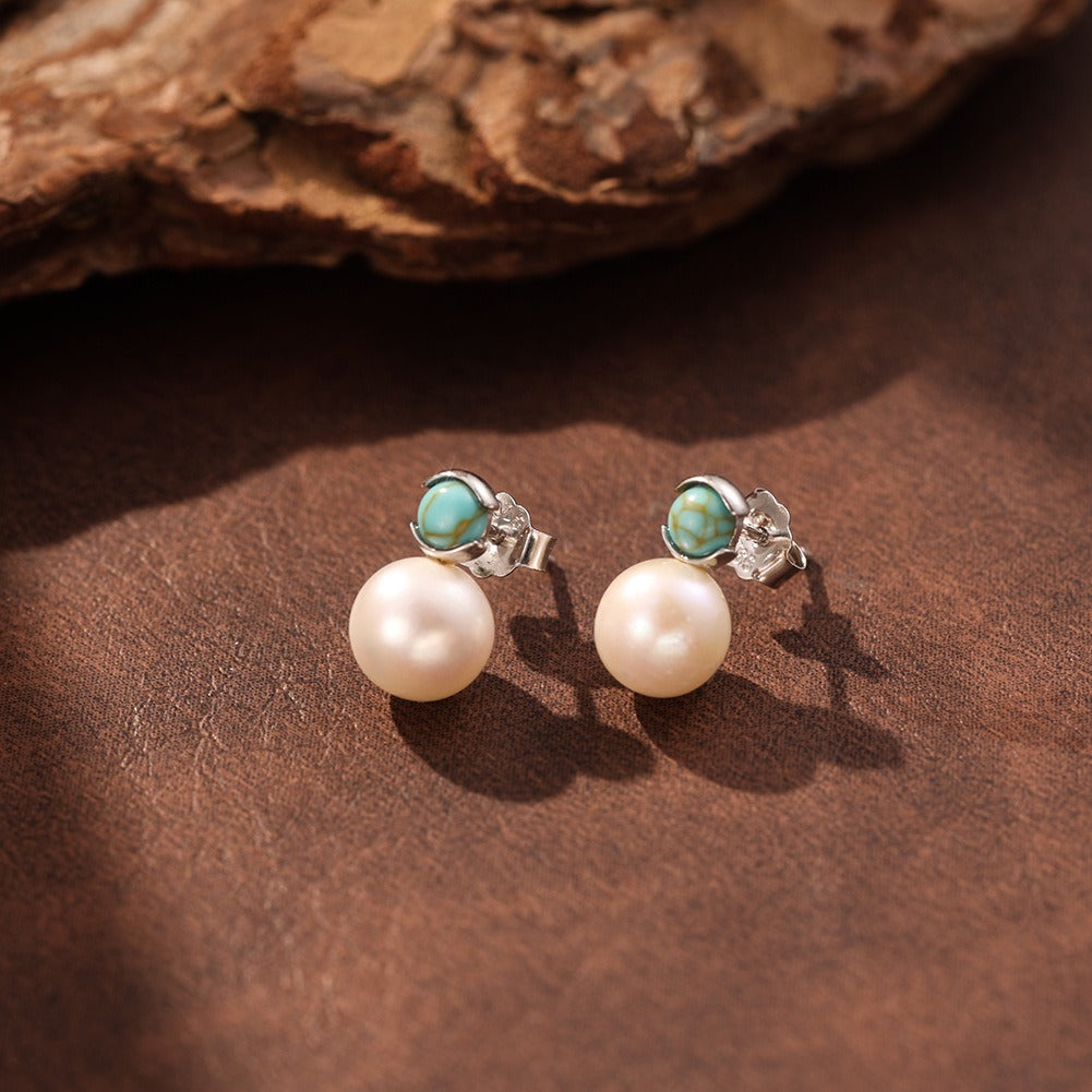 Kemstone Turquoise Freshwater Pearl Stud Earrings for Women 925 Sterling Silver MPE08