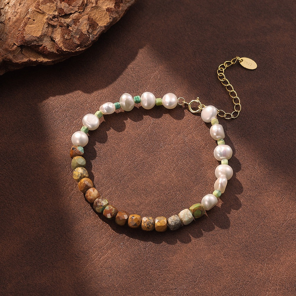 Kemston 925 Sterling Silver Freshwater Pearl Bracelet for Women Natural Turquoise Bead MPB27