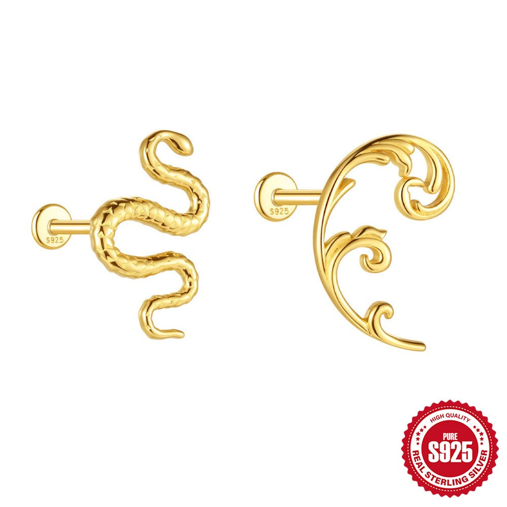 Kemstone 925 Sterling Silver Snake Cartilage Stud for Women Flat Back Piercing Earring Gold 60267192110C