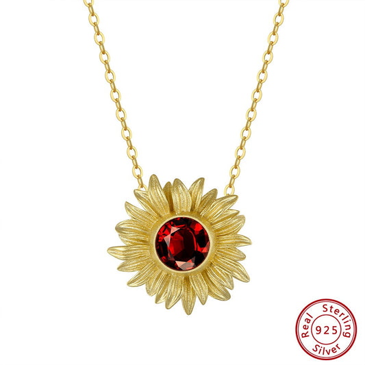 Kemstone 925 Sterling Silver Sunflower Garnet Pendant Necklace for Women Gold Plated Floral GMN22