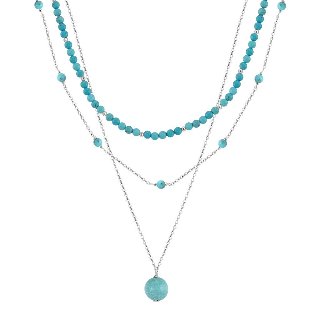Kemstone 925 Sterling Silver Turquoise Layered Necklace for Women Beaded Double Chain BQN33