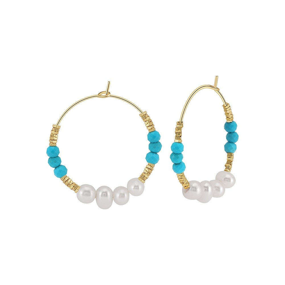 Kemstone 925 Sterling Silver Turquoise Pearl Hoop Earrings for Women Freshwater Pearl Vintage Style MPE07