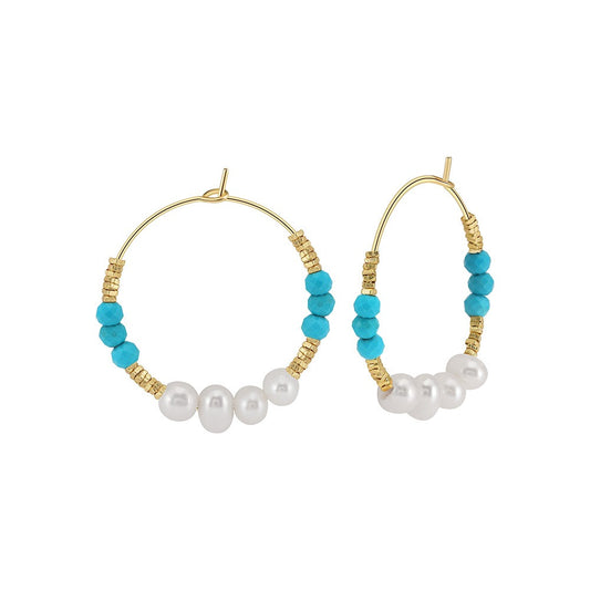 Kemstone 925 Sterling Silver Turquoise Pearl Hoop Earrings for Women Freshwater Pearl Vintage Style MPE07