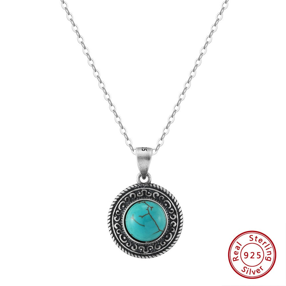 Kemstone 925 Sterling Silver Turquoise Pendant Necklace for Women Vintage Round Coin GMN46