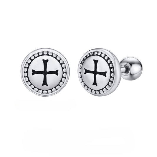 Kemstone Men’s Stainless Steel Cross Stud Earrings – Gothic Round Design Jewelry ES-429